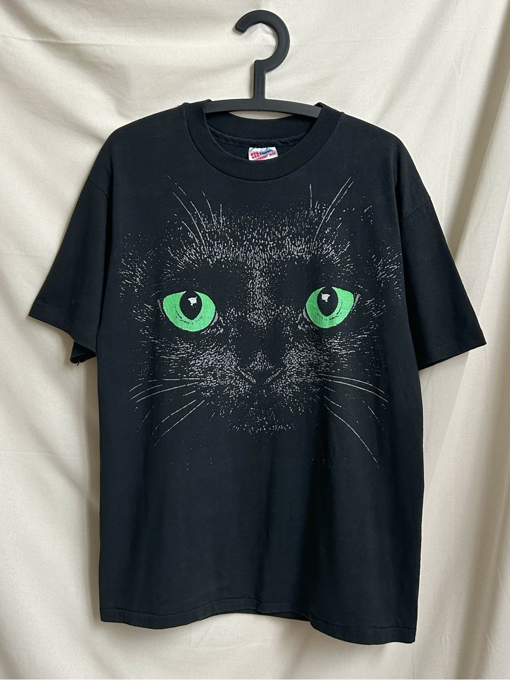 90s vintage cat face t-shirt single stitch green eye black cat whiskers kitten